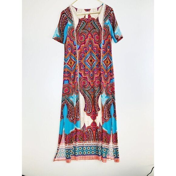 CHICO'S WOMEN'S MULTICOLOR SHORT SLEEVE MEDALLION LONG DRESS Sz 0 Small - Picture 3 of 8